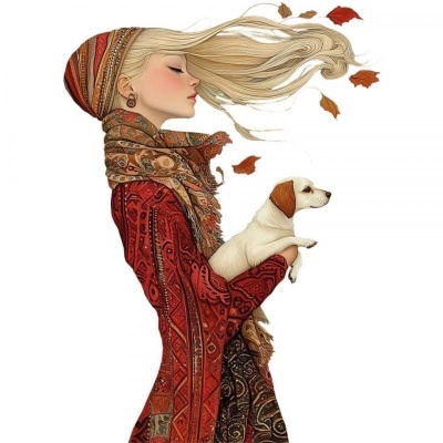 Mulher a segurar cachorro pequeno com lenço e vestido padrões étnicos em tons castanho e vermelho.