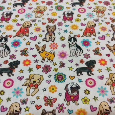 TECIDO INDIGO CÃES E FLORES T1330