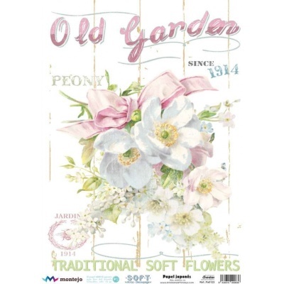 Papel japonês com estampa de flores brancas e rosa e texto decorativo