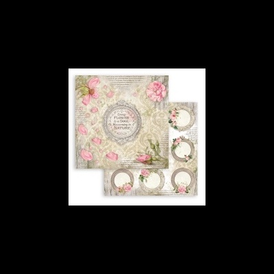 Papéis decorativos florais com textos em inglês e rosas em tonos rosa e verde