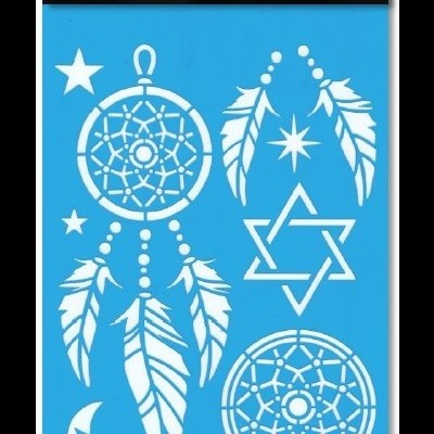 Estêncil azul com padrões brancos variados e texto na embalagem