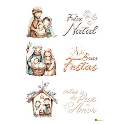 Ilustrações do presépio natalício com texto FELIZ NATAL, BOAS FESTAS, votos de Paz e Amor