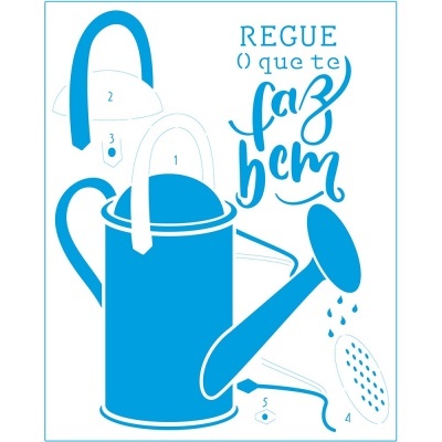 Ilustração de regador azul com texto motivacional em português