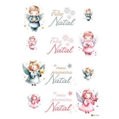 Desenho de oito anjos e frases festivas de Natal com flocos de neve e estrelas, fundo branco