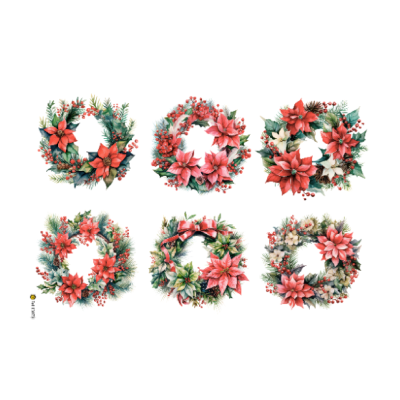 Seis coroas de Natal decorativas com flores vermelhas e brancas e folhagens verdes