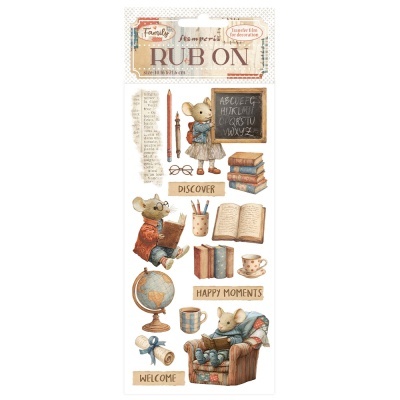 Transferências decorativas com desenhos de ratinhos e elementos de leitura