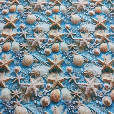 Estrelas-do-mar e conchas sobre fundo azul texturado