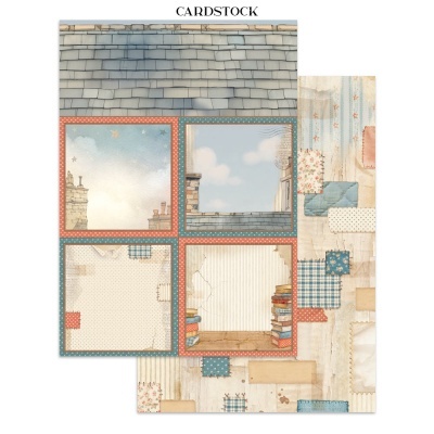 Folha de papel cartão decorativo com imagens de telhados, céu, livros e padrões de tecido.