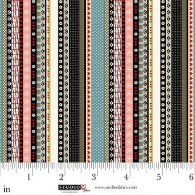 Tecido com riscas verticais e vários padrões coloridos, régua em polegadas na base
