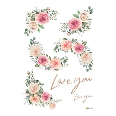 Composições florais com rosas cor-de-rosa e creme e texto 'Love you'