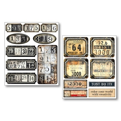 Placas metálicas vintage com números e textos decorativos em tons brancos, pretos e bege