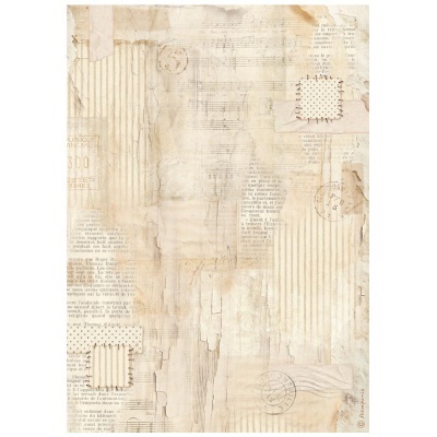 Papel decorativo vintage com tecidos costurados e textos em francês