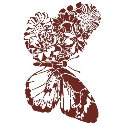 Borboleta estilizada com asas que parecem flores castanhas sobre fundo branco