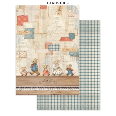 Folha de cardstock decorativa com ratinhos a caminhar sobre um piano e padrões coloridos