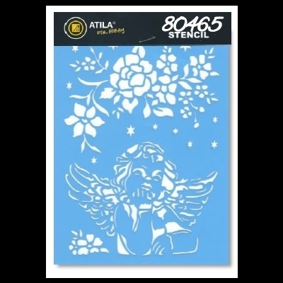 Estêncil azul claro com padrão recortado de anjo, flores e estrelas