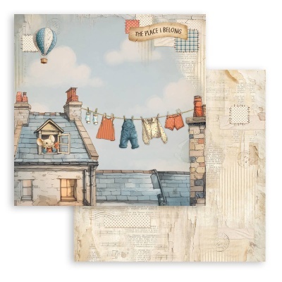 Ilustração de casa com rato na janela, roupa de bebé no estendal e balão de ar quente