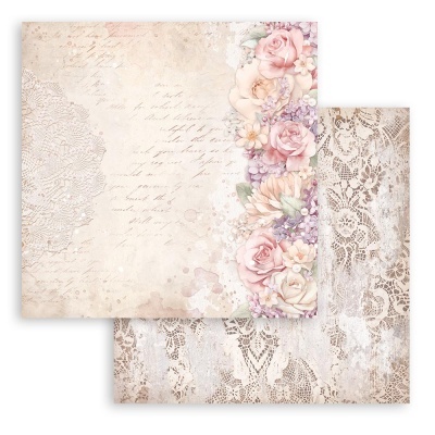 papel decorativo para scrapbook com padrão floral e padrão rendado em tons pastel e bege