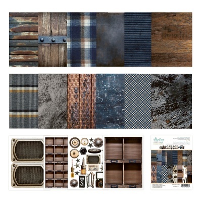 Papeis decorativos com padrões de madeira, peles e tecidos em tons azul, castanho e cinza.