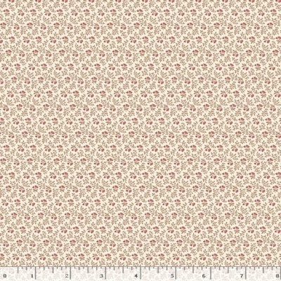 Tecido com padrão floral pequeno vermelho e verde com régua em polegadas