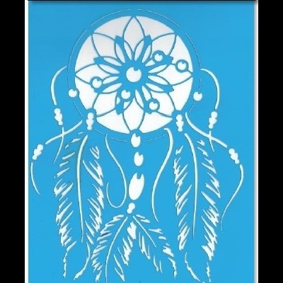 Stencil azul com filtro dos sonhos branco e embalagem preta com texto