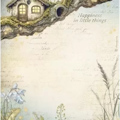 Ilustração artística de casa pequena num ramo e plantas com texto