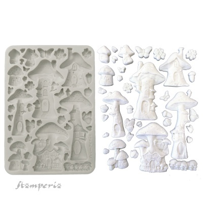 Moldes de silicone com designs de cogumelos, flores e borboletas e suas reproduções brancas