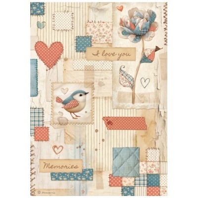 Papel decorativo patchwork com pássaro, flor, corações e textos em tons azul e coral