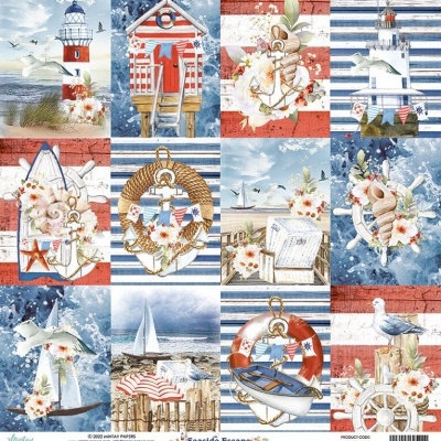 Papel decorativo com motivos marítimos em tons de azul, vermelho e branco