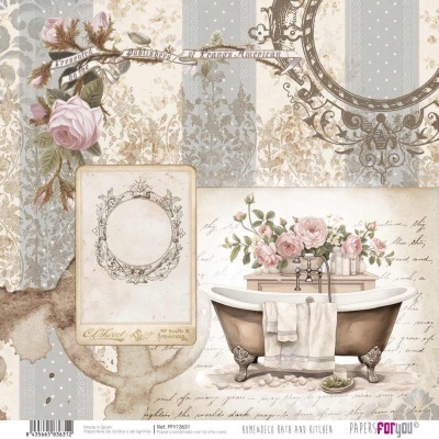 Ilustração vintage de casa de banho com banheira antiga, flores e moldura ornamental.