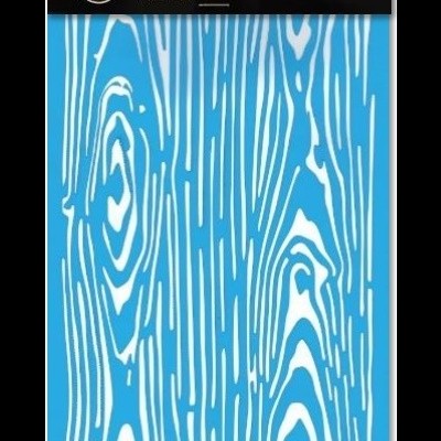 Stencil azul com padrão branco de madeira e embalagem preta com texto.