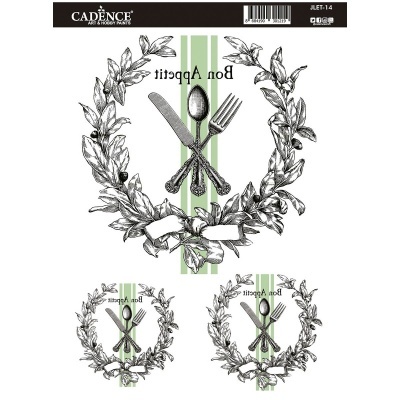 Estampas decorativas com talheres e coroa de folhas, texto Bon Appetit