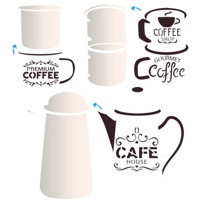 Ilustrações de utensílios para café e textos relacionados.