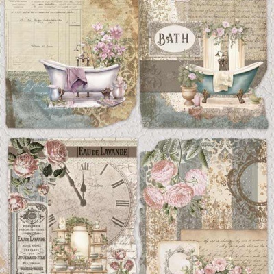 Papel decorativo vintage com ilustrações de banheiras e flores