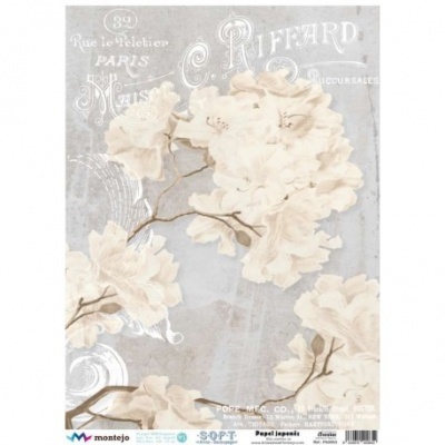 Papel decorativo com flores bege e texto branco em fundo cinza