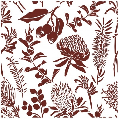 Padrão de ramos e flores castanhas em fundo branco