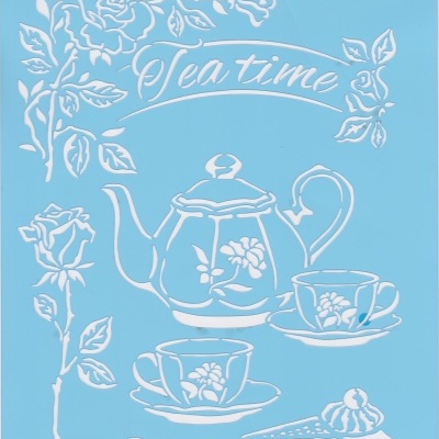 Stencil azul com desenhos em branco de chá, bolo e flores e texto 'Tea time'