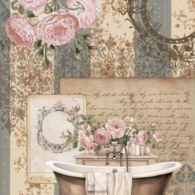 Ilustração vintage de banheira clássica com flores e texto Le Bain