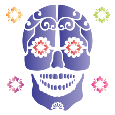 Desenho decorativo de caveira azul com flores coloridas