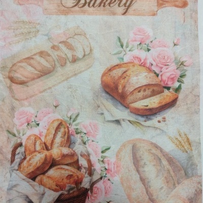 Ilustração de pão, flores cor-de-rosa e rolo de massa com a palavra 'Bakery'.
