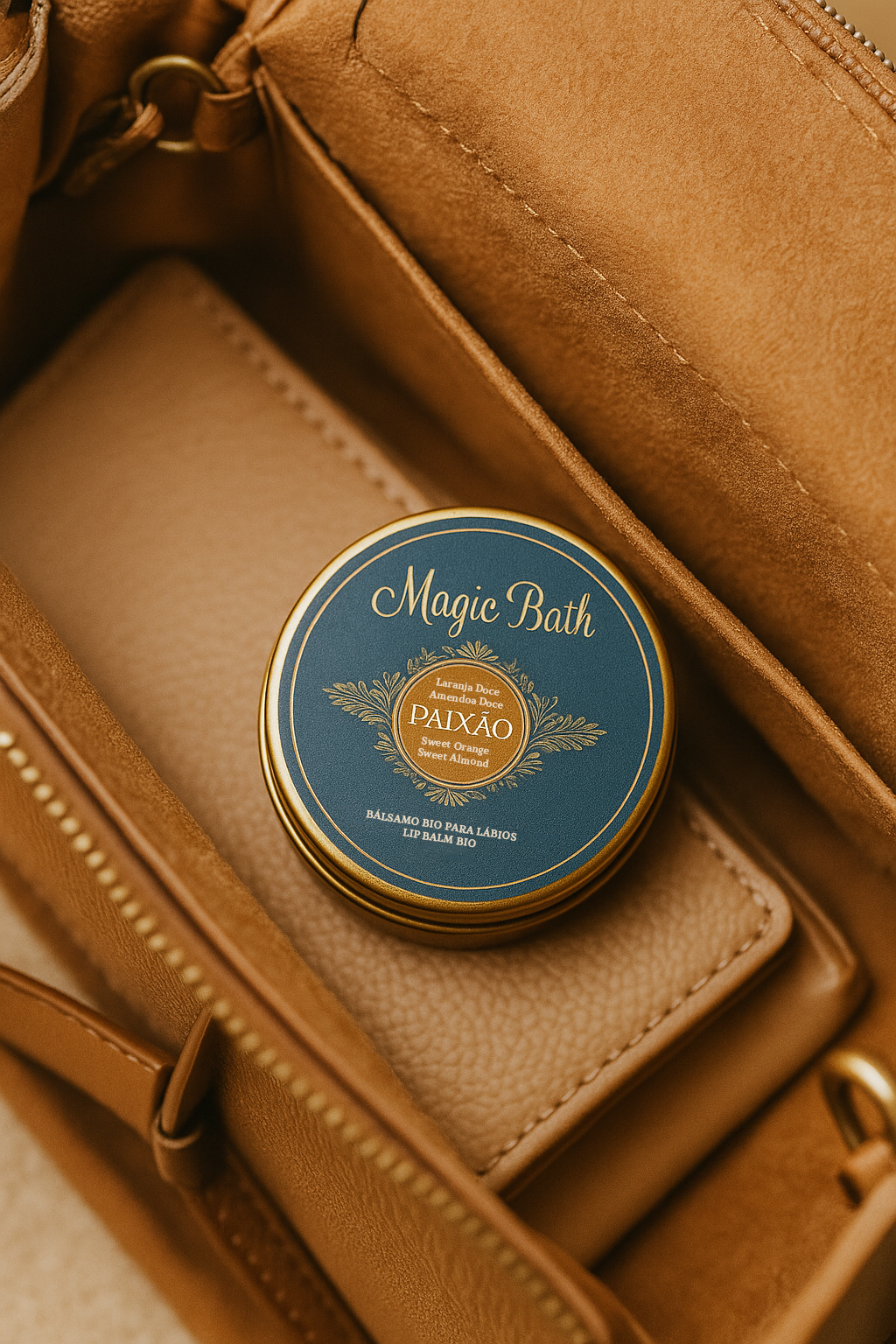 Conjunto de 6 Bálsamos para Lábios (100% naturais & vegan) Bálsamo labial Magic Bath azul e dourado numa mala de couro castanho claro