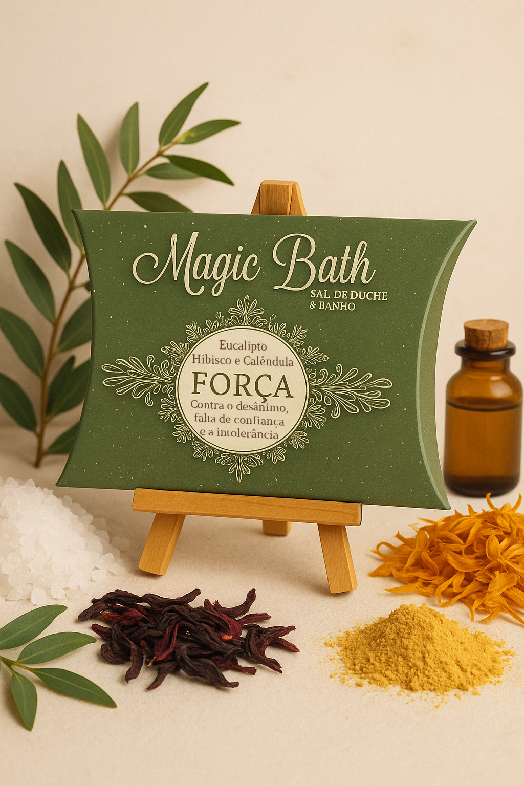 Sais para Duche & Banho - FORÇA Caixa verde de sal de duche e banho Magic Bath com ingredientes naturais ao redor sobre suporte de madeira