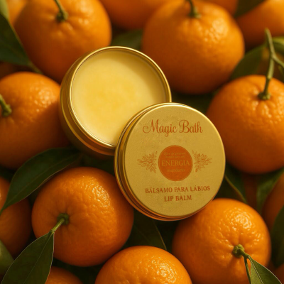 Bálsamo para lábios Magic Bath numa lata dourada aberta sobre tangerinas com folhas verdes