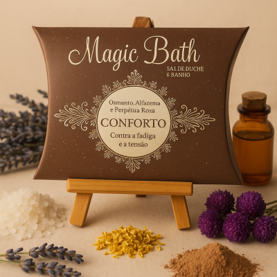 Pacote Magic Bath sal de duche e banho com flores, cristais de sal e frasco de vidro