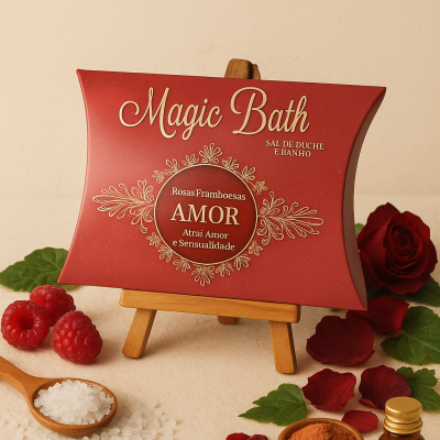 Embalagem vermelha Magic Bath com sais de banho, framboesas e rosas decorativas.