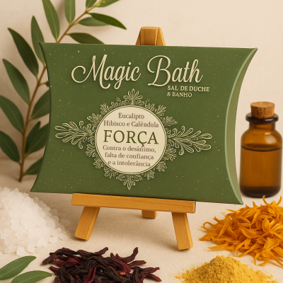 Caixa verde de sal de duche e banho Magic Bath com ingredientes naturais ao redor sobre suporte de madeira