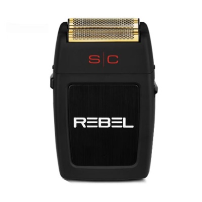 Aparelho de barbear elétrico preto com detalhes dourados e texto REBEL