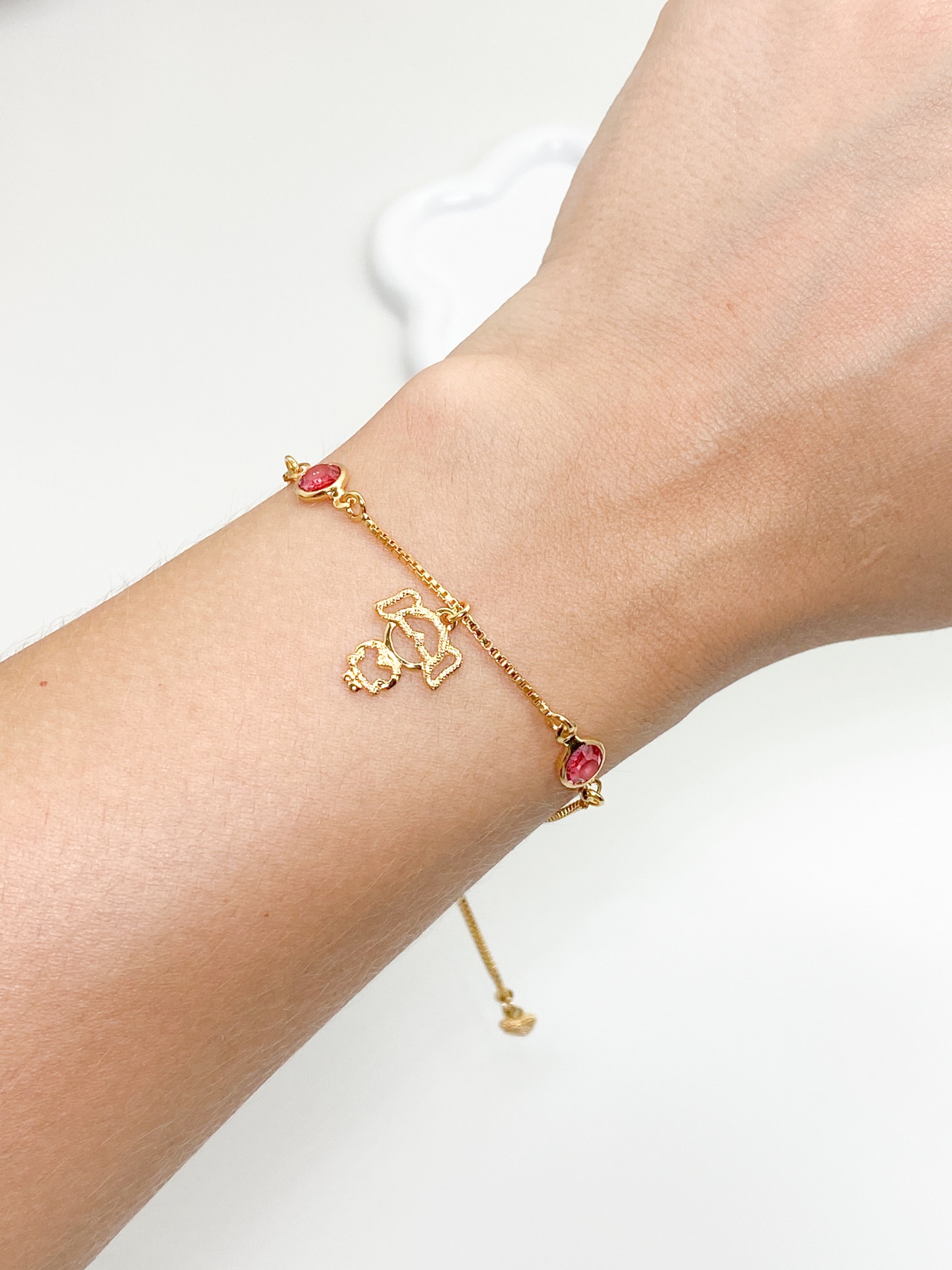 Pulseira Regulável Menina com Zirconias Rosa - Banhada Ouro 18k