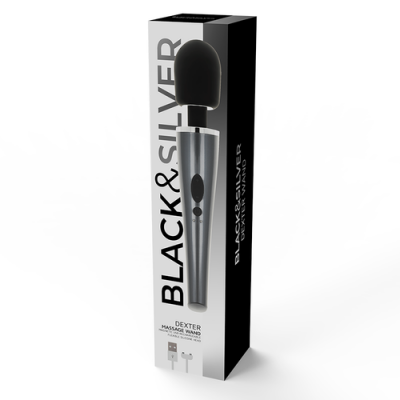 Massageador preto e prata em embalagem com texto Black & Silver