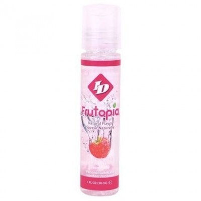 Frasco transparente com tampa rosa e rótulo Frutopia com imagem de fruta vermelha