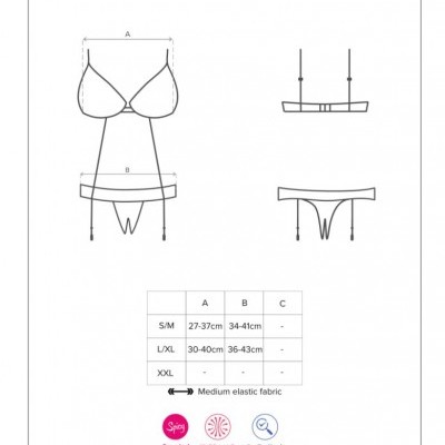 Desenho técnico de roupa interior teddy com medidas e ícones de características do tecido